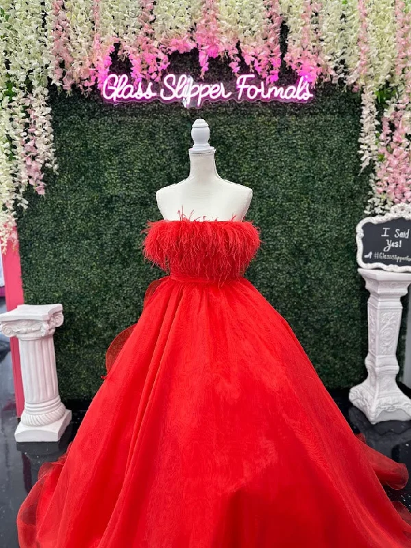 Johnathan Kayne 2739 Size 4 RED strapless feather neckline evening dress long organza A line gown Tunics Review highly