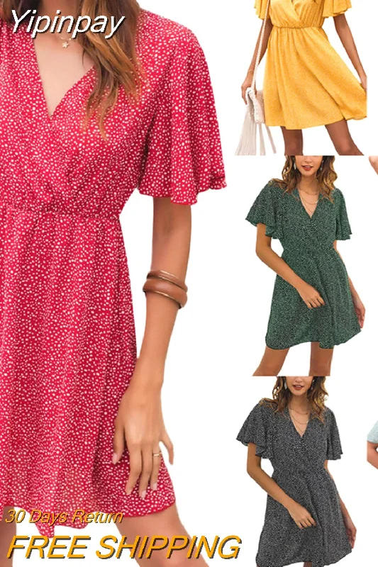 Yipinpay Boho Short Dresses for Women 2023 Short Sleeve Dot V-neck High Waist A-line Chiffon Evening Party Dress Streetwear Crew Neckline Casual