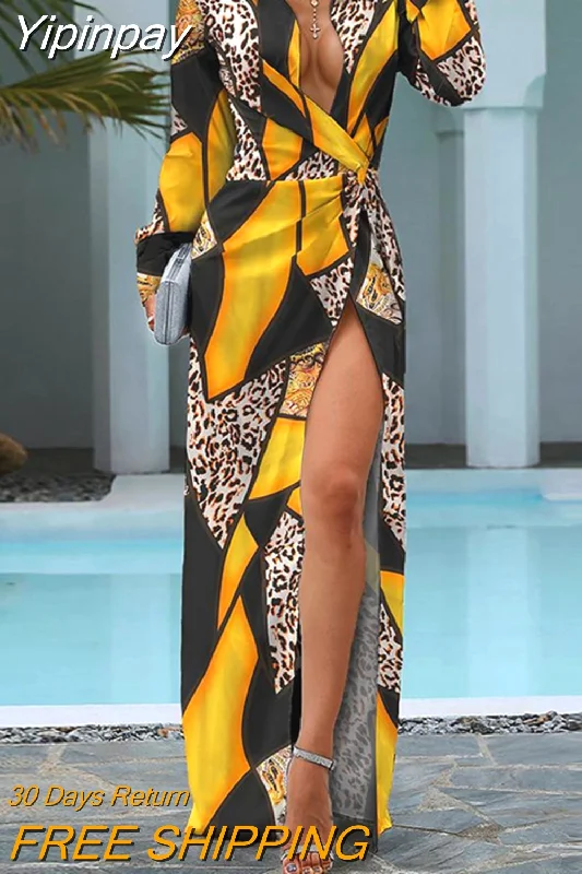 Yipinpay Women Cheetah Print Colorblock Twisted High Slit Shirt Dress Maxi Bodycon Dress  Elegant Party Dress Tunics Chinos classic