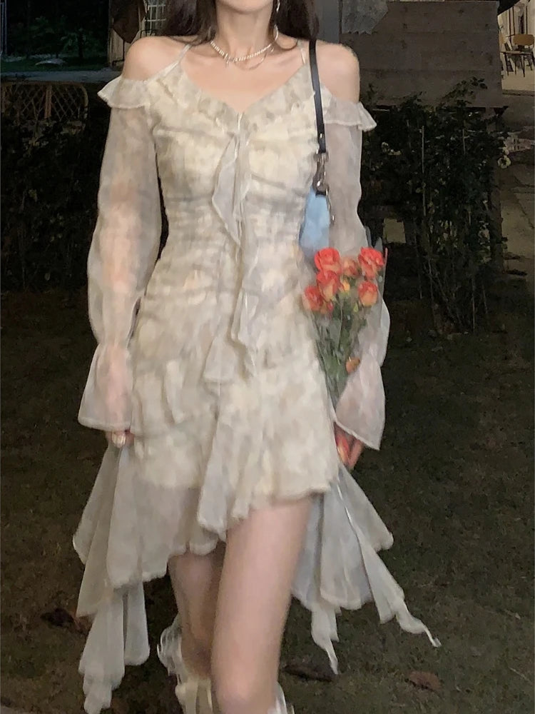 Yipinpay Sleeve Floral Y2k Mini Dress Woman Beach Elegant Short Party Dress Casual Vintage One Piece Dress Korea Fashion 2024 Spring Tunics Lace romantic