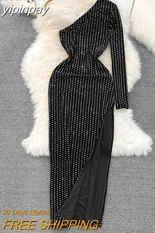 yipinpay Autumn Winter Gold Velvet Long Maxi Dresses for Women Diamonds Luxury Elegant Sexy Off Shoulder Black Slim Party Dress Tunics Practical durable