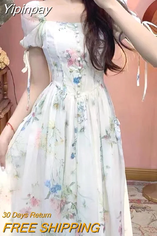 Yipinpay Summer Beach Style Elegant Sundress Woman Short Sleeve Floral Midi Dress Chiffon Casual Fashion Party Dress Office Lady Tunics Luxurious high-end