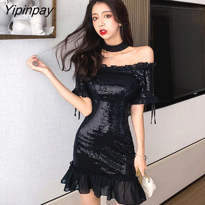 Yipinpay New Spring/Autumn Women Dress Sexy Slim Shiny Black Party Dress Female Bodycon Dress Tunics Practical easy-care