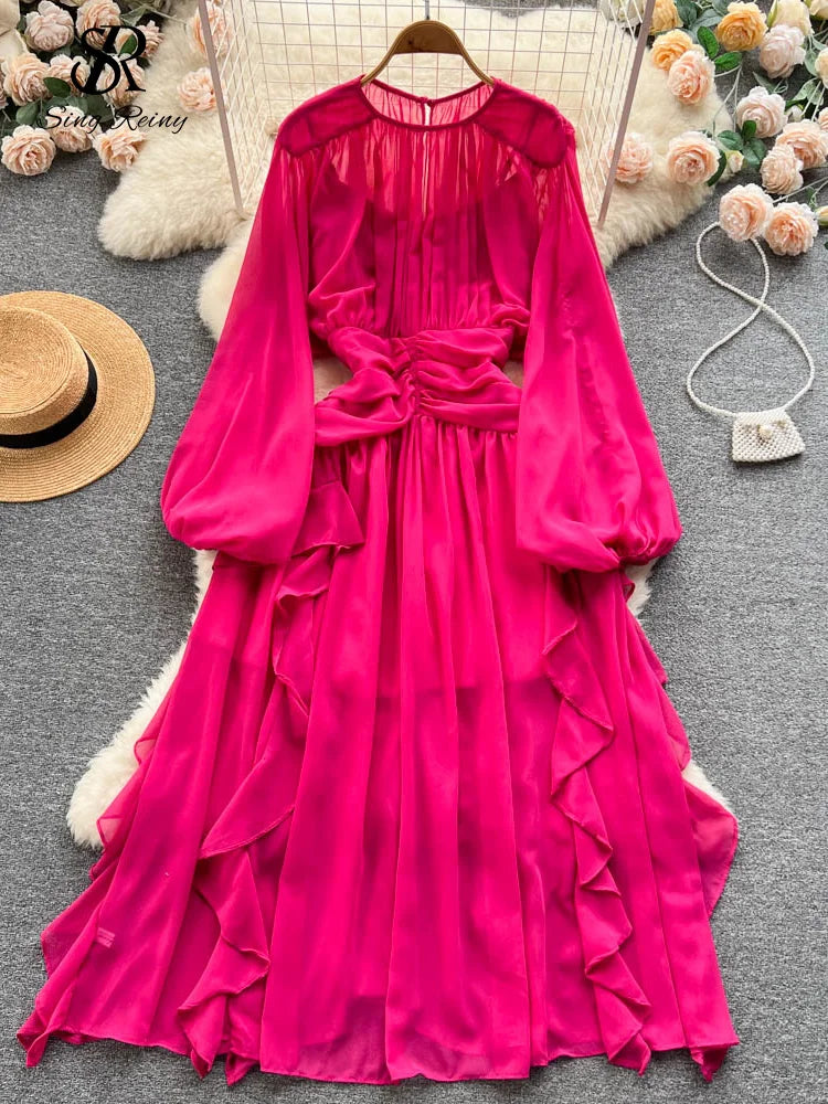 Yipinpay Summer Chiffon Loose Sundress Women O Neck Long Puff Sleeves Irregular Ruffles Ruched Zipper Solid Elegant Party Dress Tunics Review highly