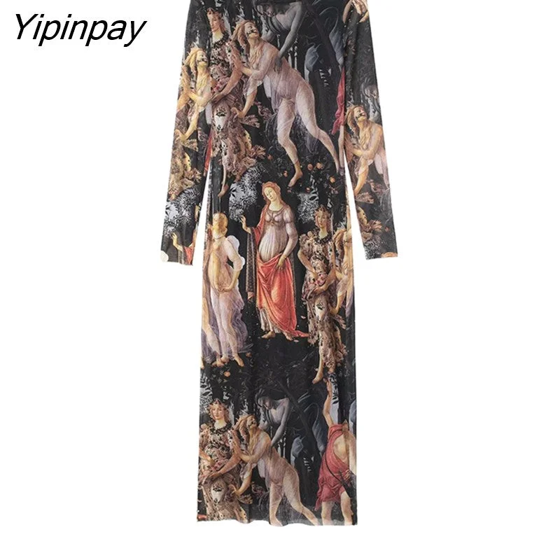 Yipinpay Newest Spring Summer Printed Tulle Dresses 2023 Vintage Elegant Long Sleeve O-neck Party Dress Sheath Mid-Calf Vestidos Tunics Cozy soft