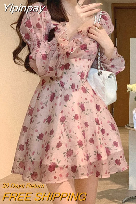 Yipinpay Summer Sweet Elegant Short Party Dress Korean Fashion Floral Mini Dress Beach Long Sleeve Casual Vintage Dress Woman Chic Tunics Bestseller popular