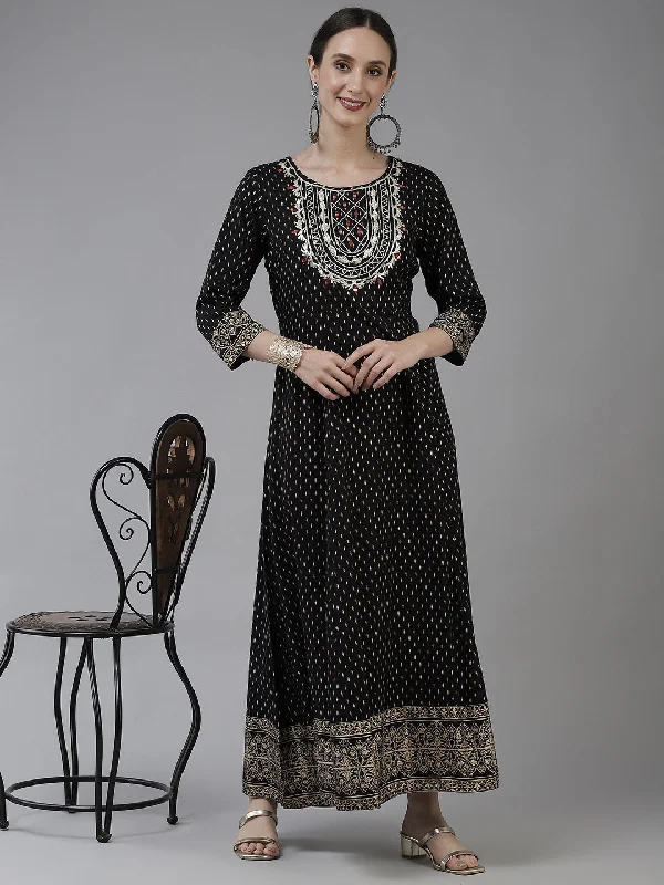 Black Ethnic Motifs Dress Tunics Spring floral