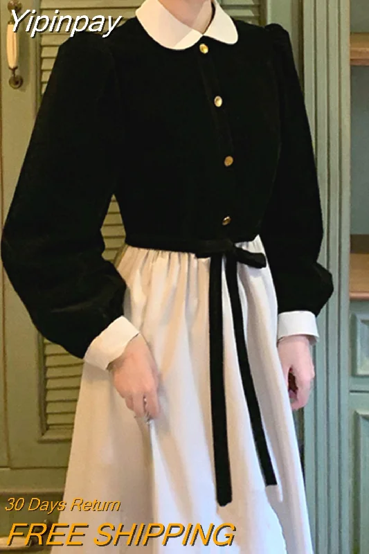 Yipinpay Autumn Black Velvet Midi Dress Woman Patchwork Long Sleeve Elegant Dress Slim Casual Korean Style Party Dress Female Design Tunics Recommended stylist