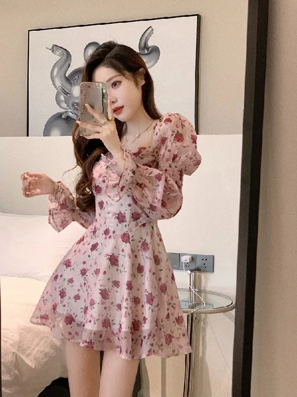 Yipinpay Summer Sweet Elegant Short Party Dress Korean Fashion Floral Mini Dress Beach Long Sleeve Casual Vintage Dress Woman Chic Tunics Satin smooth