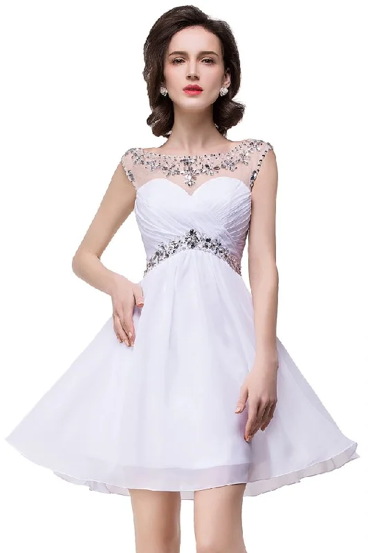 A-line Crystal Jewel Chiffon Party Dress Pleated Skirt Elegant