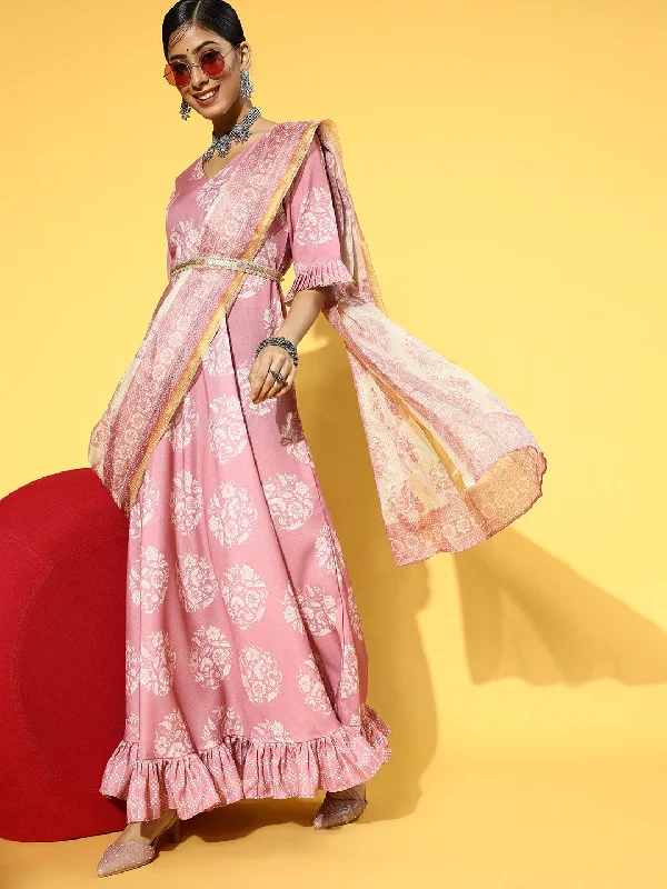 Pink & White Ethnic Ruffles Dupatta Dress Tunics Stylish modern