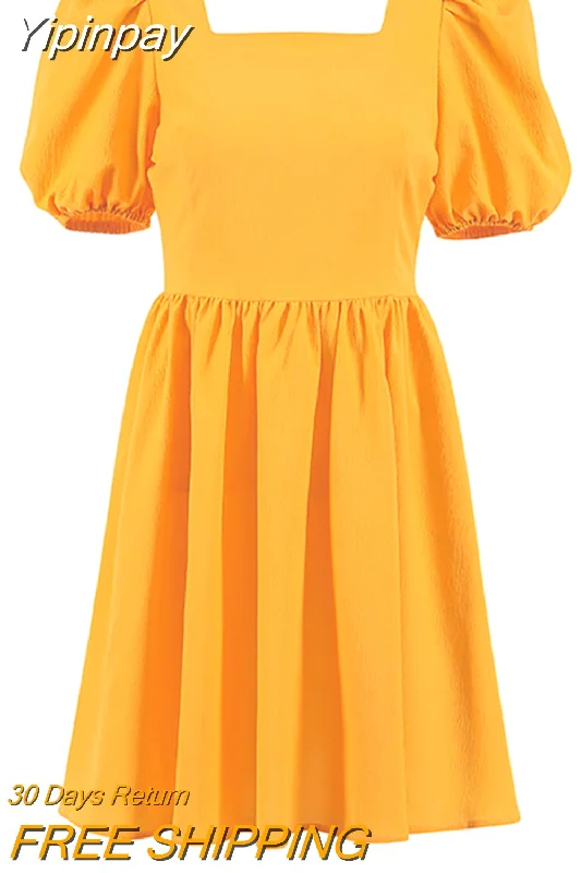 Yipinpay Crepe Elegant Woman Party Dresses Puff Sleeves A-Line Dress Summer Ruched Dress High Waist Chic Dresses 2023 Lady Tunics Timeless classic