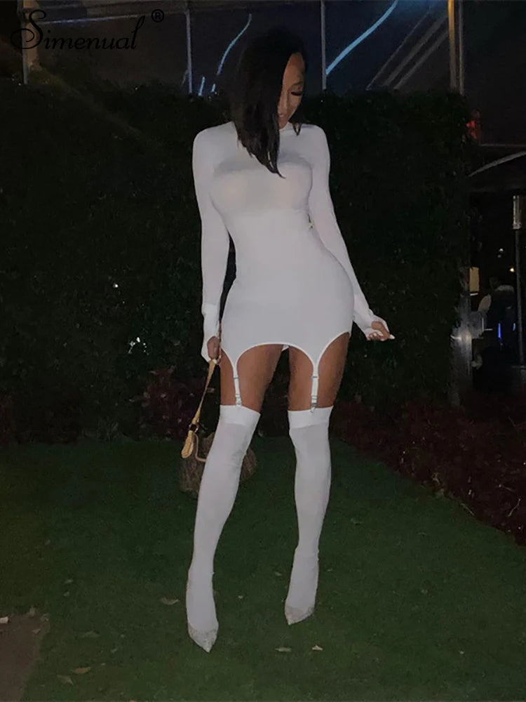 Yipinpay Simenual Solid Bodycon Garter Women Mini Dress with Stocking Long Sleeve Sexy Clubwear Skinny Party Dresses Autumn 2024 Hot Slim Tunics Chinos classic