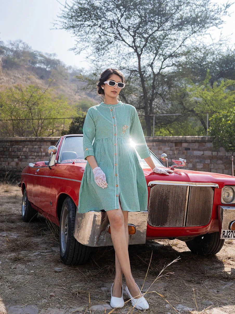 Green Checked Dress Tunics Distressed trendy