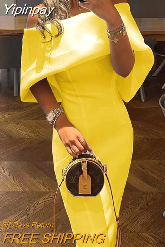 Yipinpay Women's Casual Solid Color Long Dress Elegant Off Shoulder Cape Design Skinny Party Dress Autumn Fashion Back Bow Dress Vestido Tunics Leisure comfortable