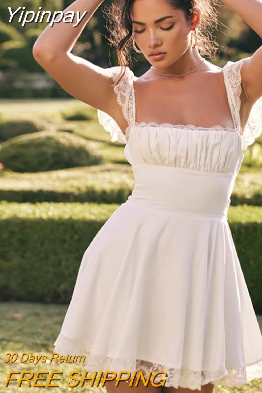 Yipinpay A Line White Dress Short Lace Holiday Club Party Dresses Casual Mini Sweet Back Lace Up Birthday Dresses for Women 2023 Tunics Versatile stylish
