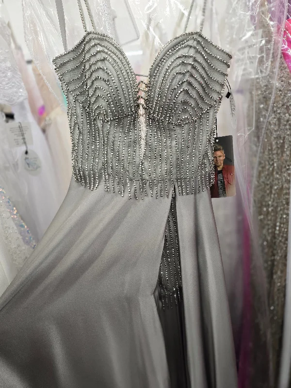 Johnathan Kayne 2748 Size 4 Silver Plunging fringe sequin open  v neck sequin maxi slit long dress Tunics stripes playful