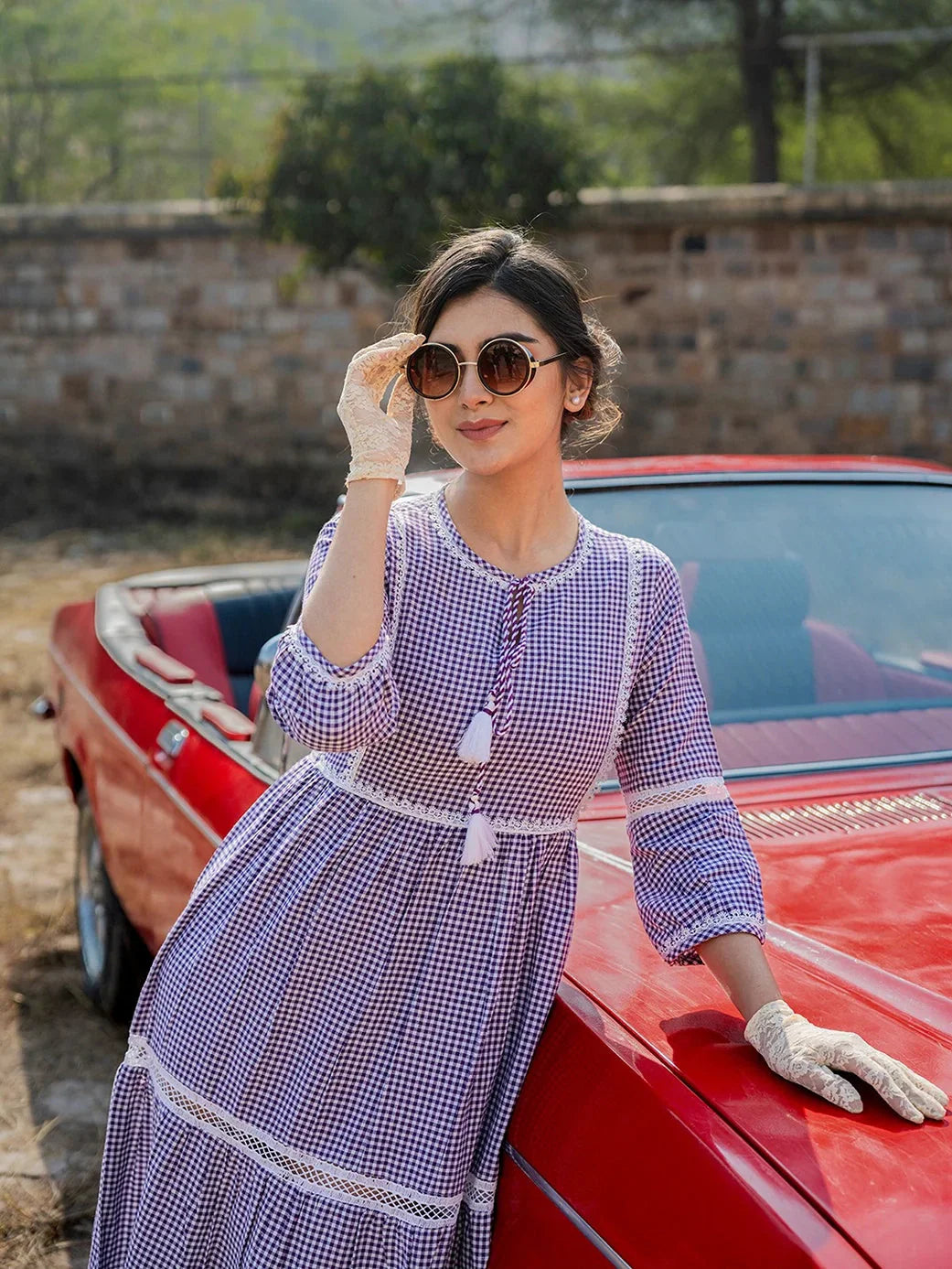 Purple Cotton Check Tiered Dress Tunics Velvet soft