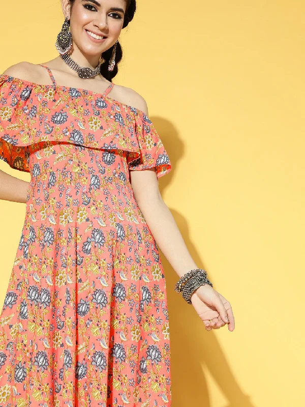 Peach-Coloured & Blue Floral Printed Dress Crew Neckline Casual