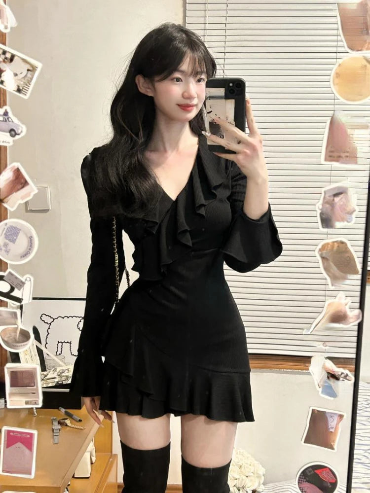 Yipinpay Autumn French Elegant Black Y2k Mini Dress Caual Long Sleeve Short Party Dress Office Lady Slim Pure Color Dress Woman Chic Tunics Fleece cozy