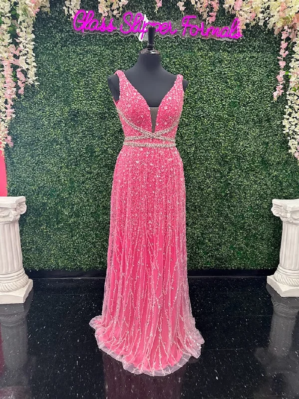 Johnathan Kayne 5400 Size 4 Pink Long Beaded Sequin A Line Crystal Formal Evening Dress Gown V Neck Tunics Yoga stretchy