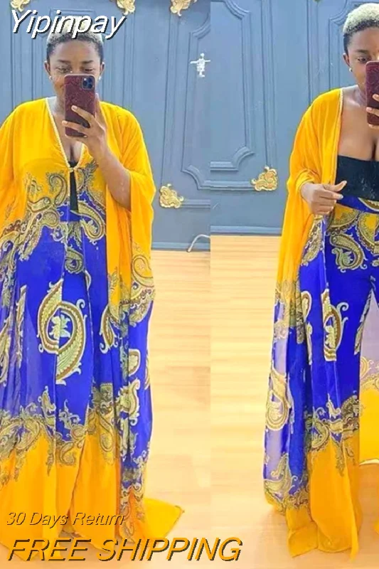 Yipinpay Piece Pant Set Women Africa Clothes African Dashiki New Fashion Long Dress Pants Suit Party Dresses Robe 2 Piece Sets Tunics Print Colorful