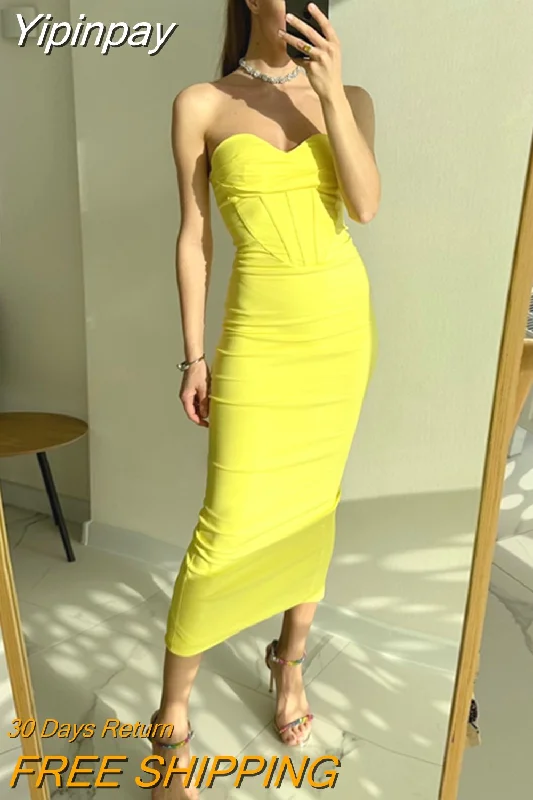 Yipinpay Women Summer Bodycon Party Dress Yellow Long Maxi Dress Sexy Strapless Elegant Dress for Celebrity Evening Dropshipping Tunics Plaid country