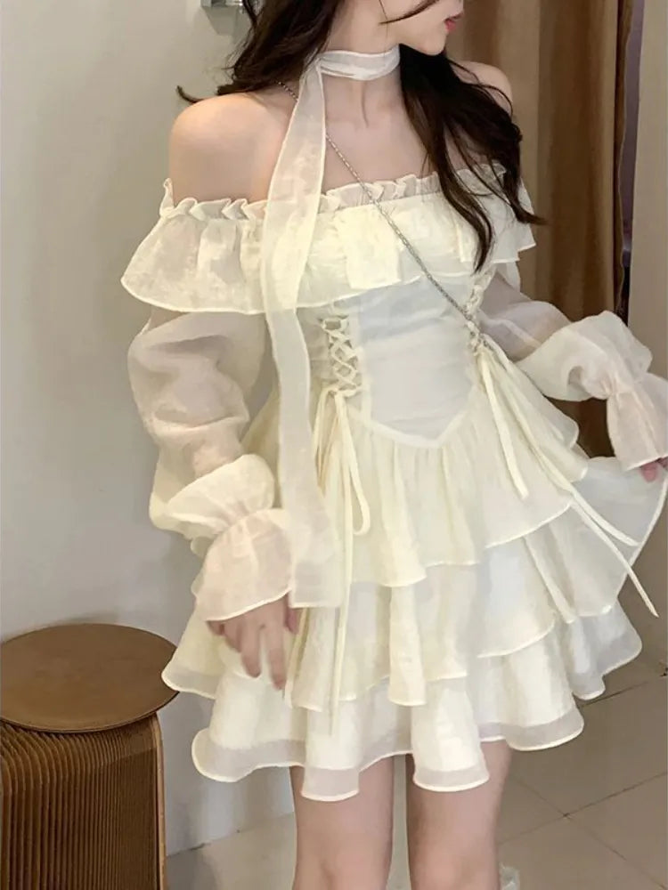 Yipinpay Sleeve Elegant Mini Dress Lolita Pure Color Short Party Dress Woman Casual 2024 Spring Sweet One Piece Dress Korean Fashion Tunics Trendy modern