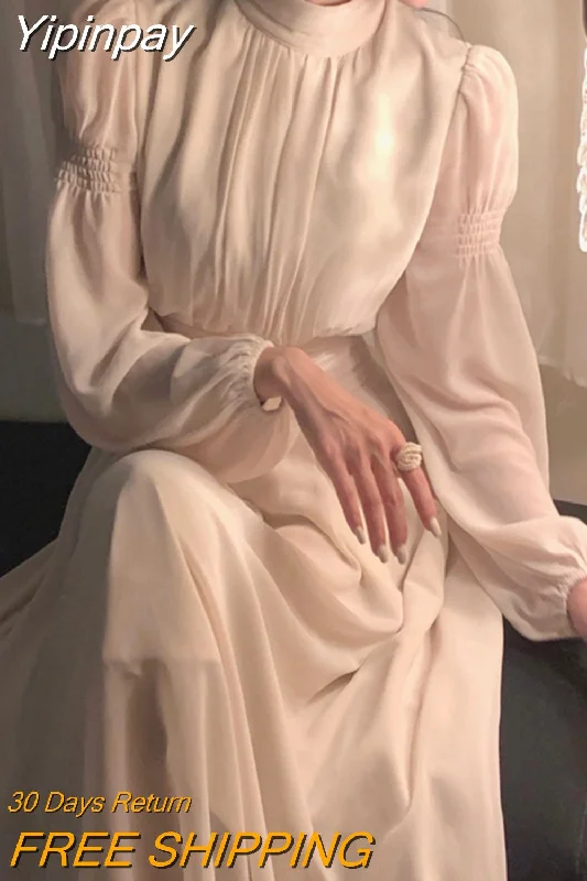 Yipinpay Elegant Solid Midi Dress Turtleneck Design 2023 Spring One Piece Dress Korean Fashion Long Sleeve Fairy Even Party Dress Tunics Canvas sturdy