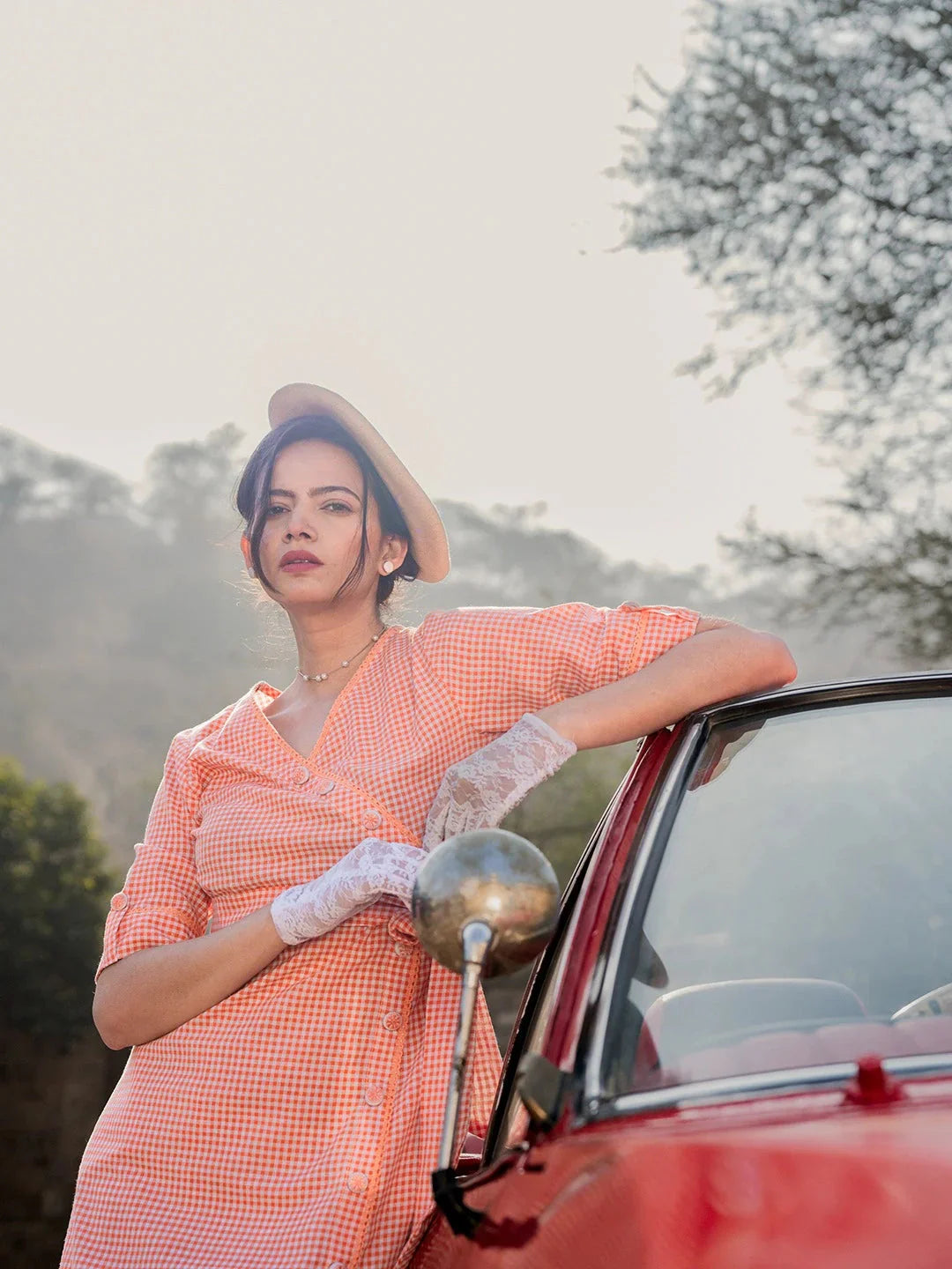 Orange Cotton Check Comes With A Belt Dress Tunics Print Colorful