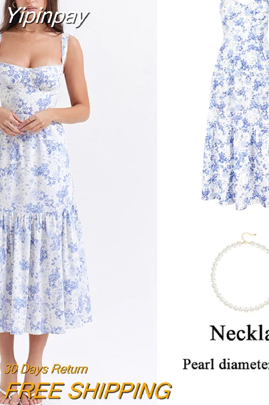 Yipinpay Summer Blue Midi Floral Print Holiday Dress Elegant Spaghetti Strap Full Skirt Go Out Party Dresses Women Dress 2023 Tunics Essential wardrobe