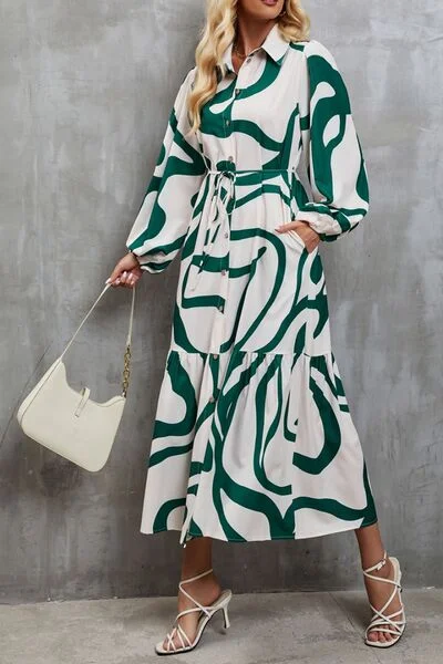 Tie-Waist Printed Button Up Dress Tunics Long Elegant