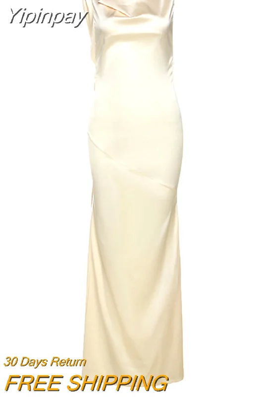 Yipinpay Mo 2023 Satin V Neck Strapless Club Sexy Maxi Dress Backless Slim Hollow Out Women Party Dresses Summer Elegant Vestidos Tunics Travel practical