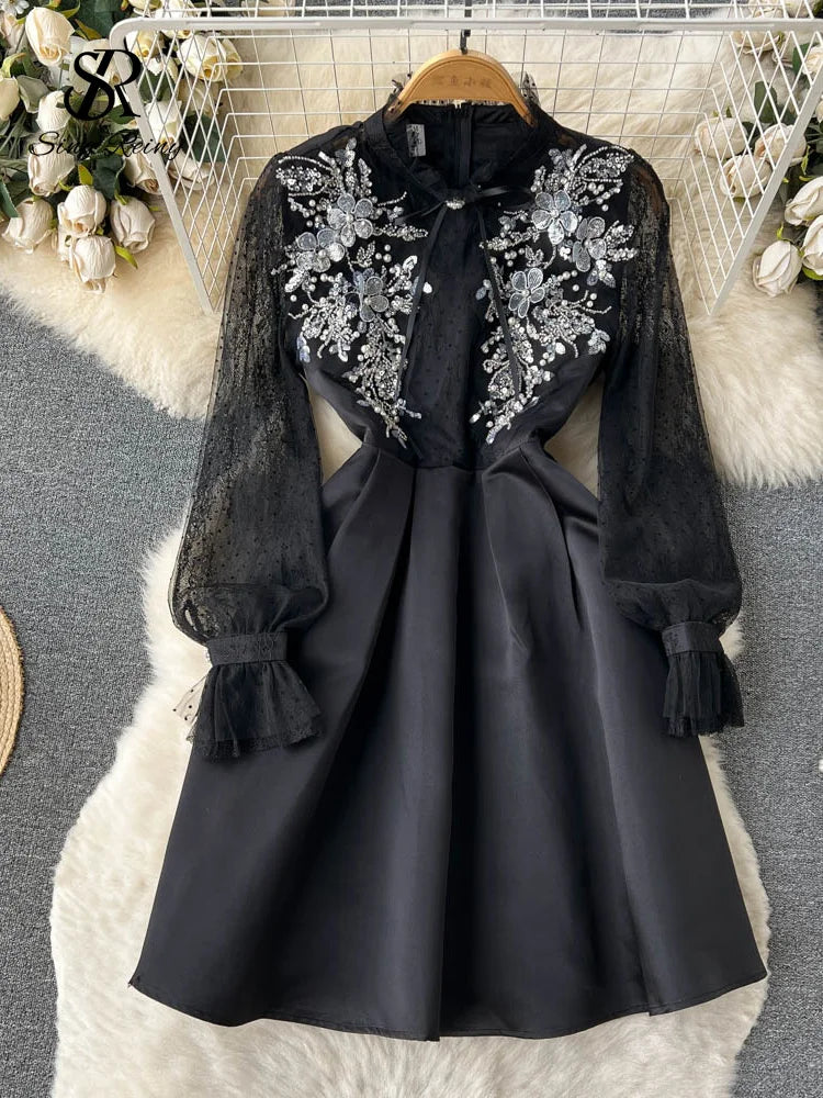 Yipinpay 2024 High Quality Mesh Diamond Dress Women Long Sleeves Zipper Party Dress Ladies Bow Sweet Vintage Lace Midi Dress Tunics Favorite customer