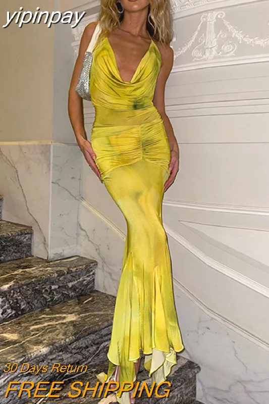 yipinpay Summer Halter Women Tie Dyed Print Sexy Long Bodycon Club Dress Evening Elegant Sleeveless Maxi Fashion Party Dress 2023 Boatneck Modish Everyday