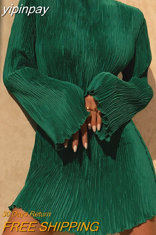 yipinpay 2023 Fashion Green Club Sexy Pleated Mini Wrap Dress Women Outfits Long Sleeve O Neck Evening Party Dress Elegant Autumn Shift Classic Vintage