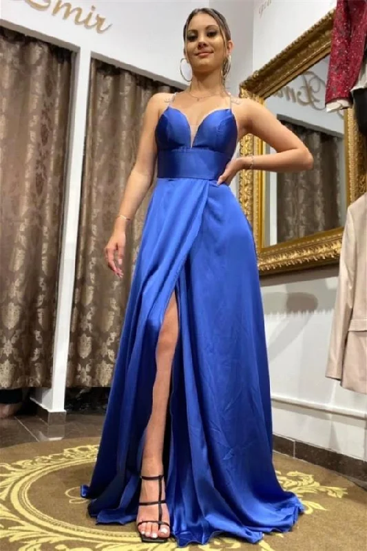 Blue Spaghetti Straps Prom Dresses,Simple Party Dresses,Split Evening Dress With Train Tunics Vintage classic