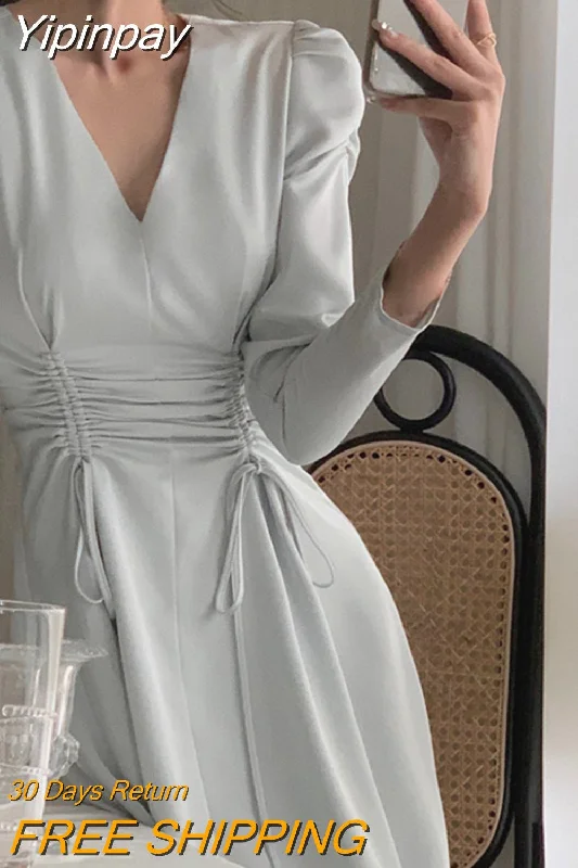 Yipinpay Autumn Elegant One Piece Dress Korea Fashion Casual Pure Color Midi Dress Woman Long Sleeve Evening Party Dress Office Lady Lace Sexy Club