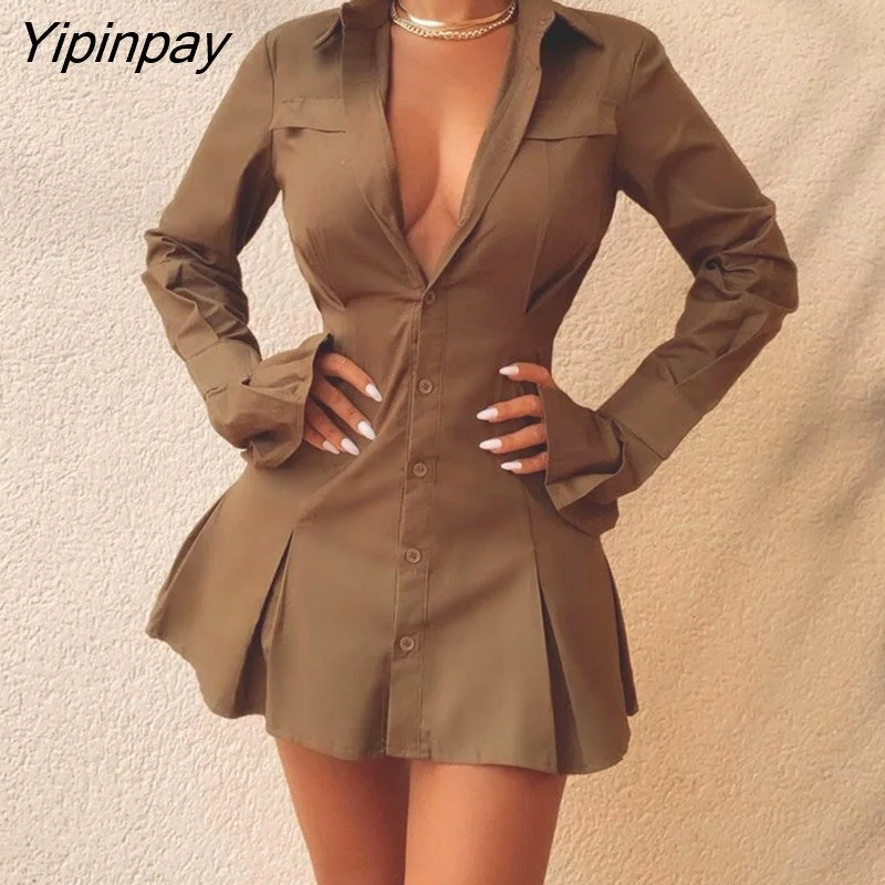 Yipinpay Women Solid Bell Sleeve Button Front Ruched Shirt Dress Bodycon Dress Party Dress for Women Dress 2023 Tunics Travel practical