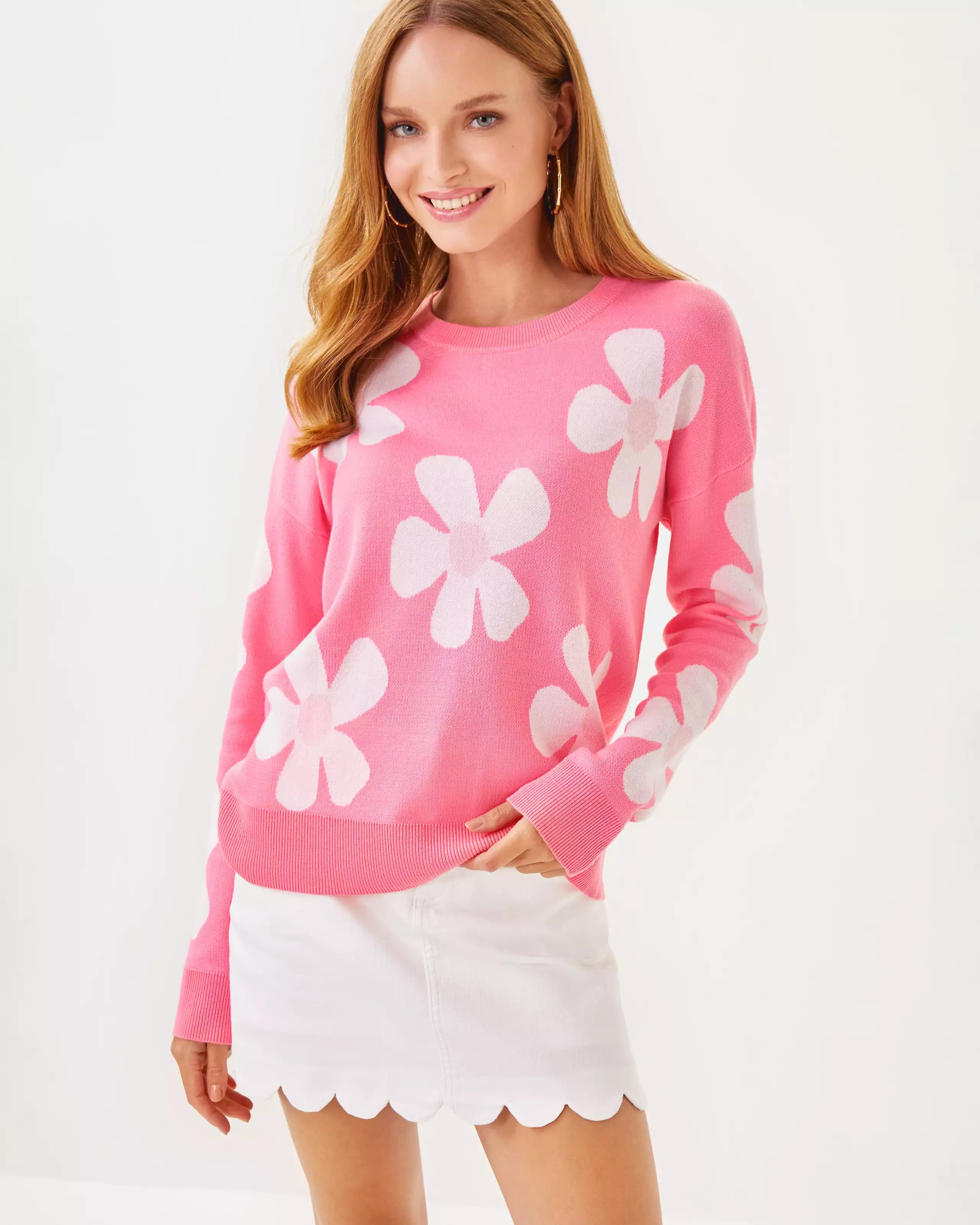 Lilly Pulitzer Tensley Sweater Rousseau Pink In Bloom Flower Jacquard Front Pockets Side Pockets Patch Pockets