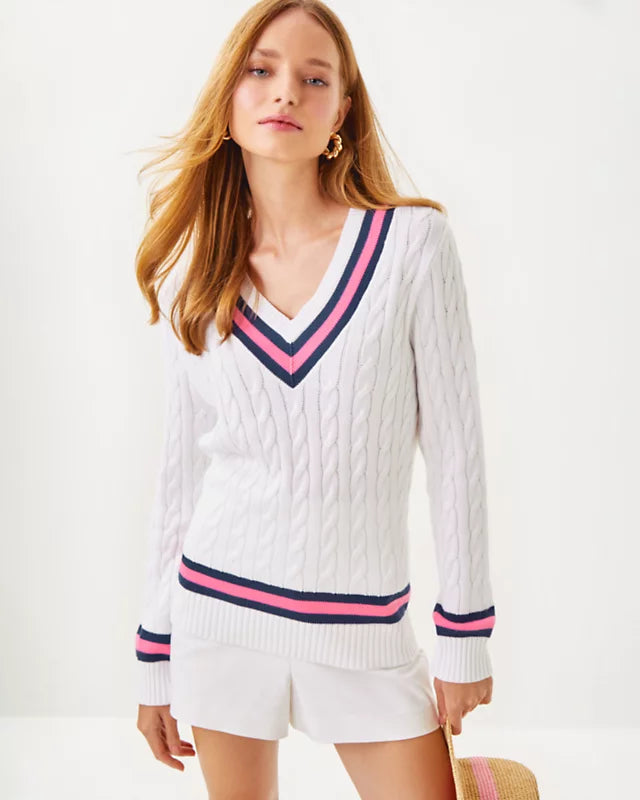 Lilly Pulitzer Brockton Sweater Resort White x Rousseau Pink Tipping Welt Pockets Slit Pockets Flap Pockets