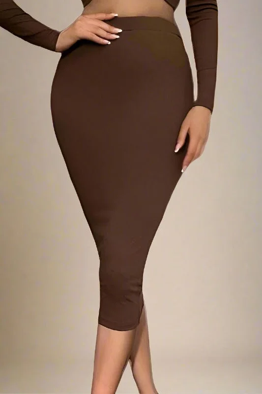 Pencil High Waist Bandage Midi Skirt - Tan Brown denim skirt classic