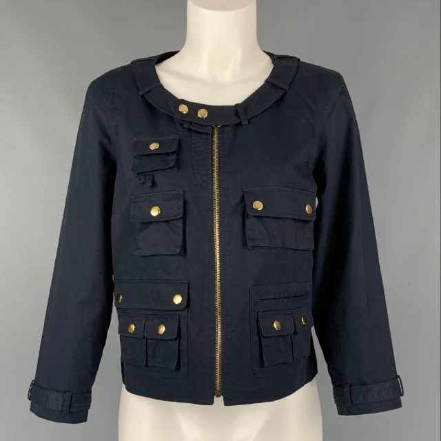 CHRIS BENZ Size 6 Navy Cotton Solid Jacket Satin Jacket Silk Jacket Chiffon Jacket