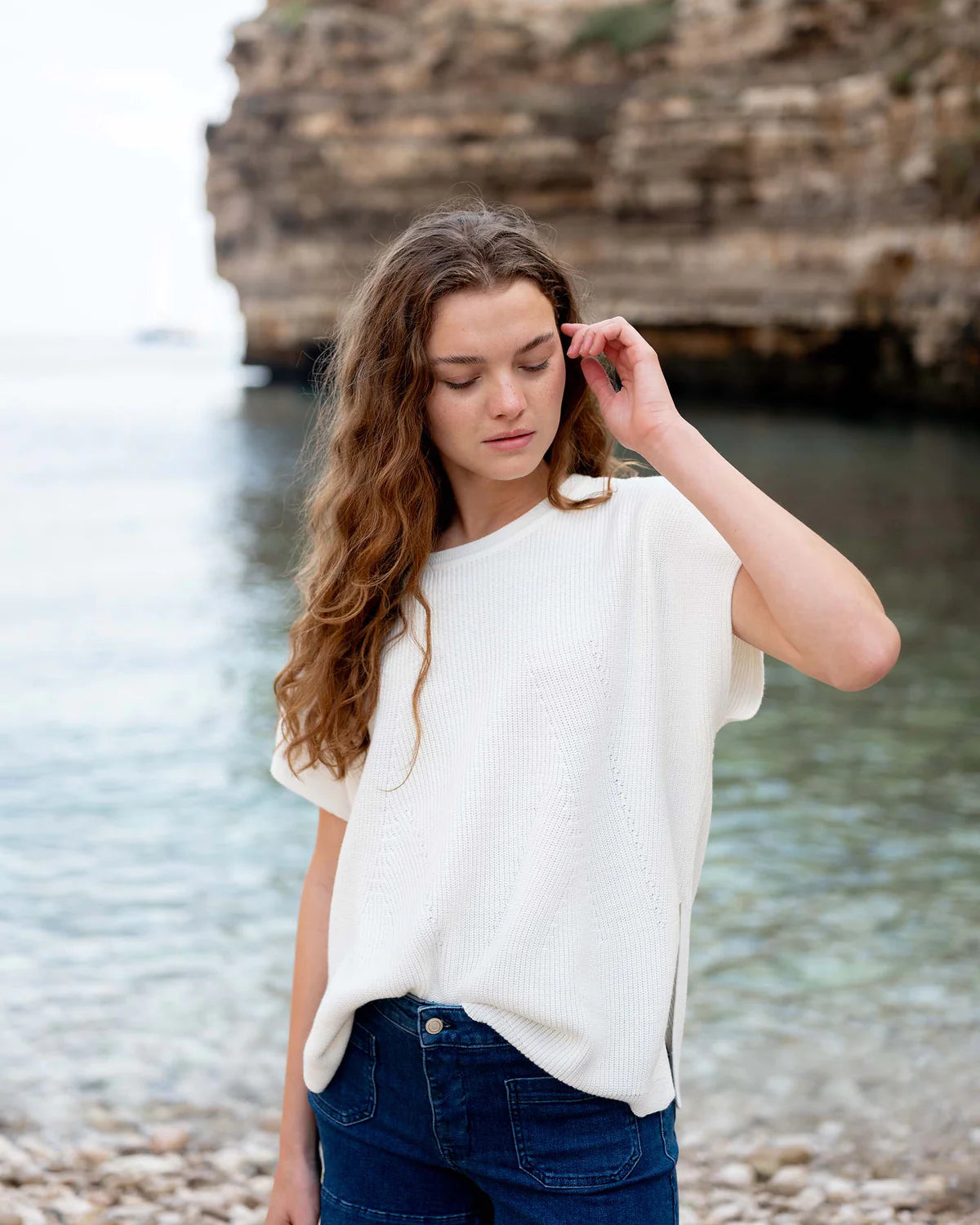 Mersea Camden Short Sleeve Sweater White Real Fur Shearling Chenille