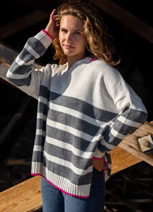 Mersea Marina Polo Sweater Sea Salt/Storm/Pink Chenille Brocade Lace