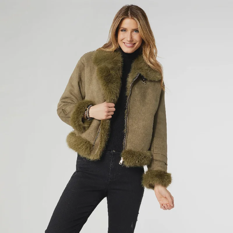 Dion Faux Fur Moto Jacket | Olive Knit Fabric Woven Fabric Fleece Fabric