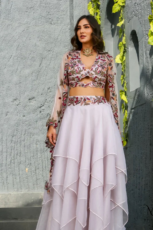 Adira- Embroidered Lavender Cape Skirt Set linen skirt relaxed