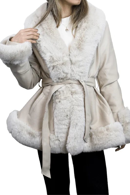La Fiorentina - Belted Faux Fur-Trimmed Jacket - Beige Insulated Jacket Fitted Jacket Loose Jacket