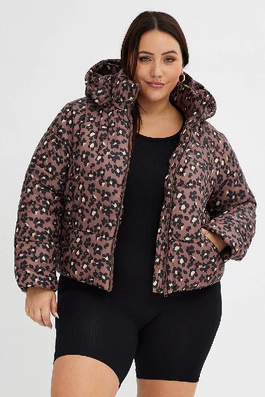 Brown Animal Print Puffer Jacket Long Sleeve Leopard Bomber Jacket Anorak Windbreaker