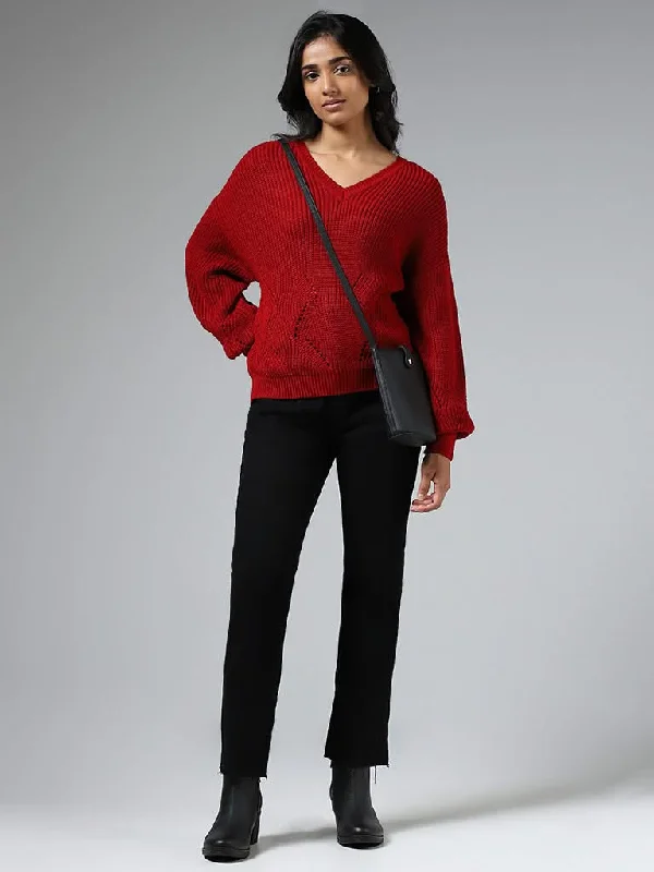 LOV Red Pointelle Knit Sweater Spandex Blend Rayon Blend Denim Blend